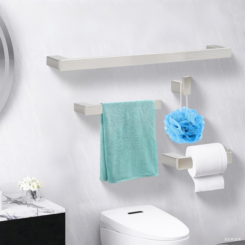 Klabb 4-Piece Metallic Silver Bathroom Hardware Set, 24 Inch SUS304 Stainless Steel Towel Bar Set with Toilet Paper Holder, Robe Hook & Towel Rack â€“ Wall Mounted Rustproof Bath Accessories - Image 1